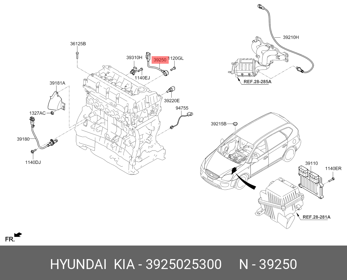 Датчик детонации двигателя - Hyundai/Kia 39250-25300