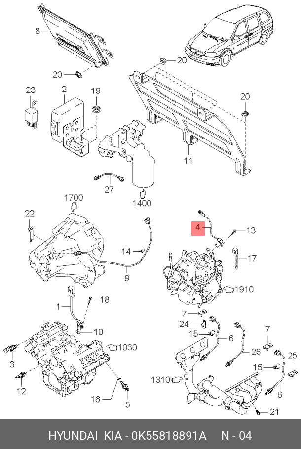 Датчик положения коленвала - Hyundai/Kia 0K558-18891A