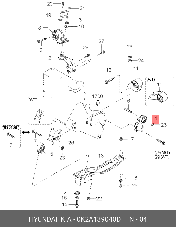 Опора двигателя - Hyundai/Kia 0K2A1-39040D