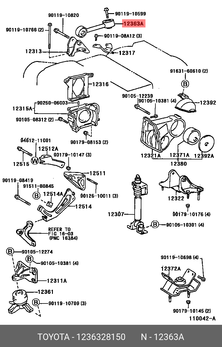 Подушка двигателя - Toyota 12363-28150