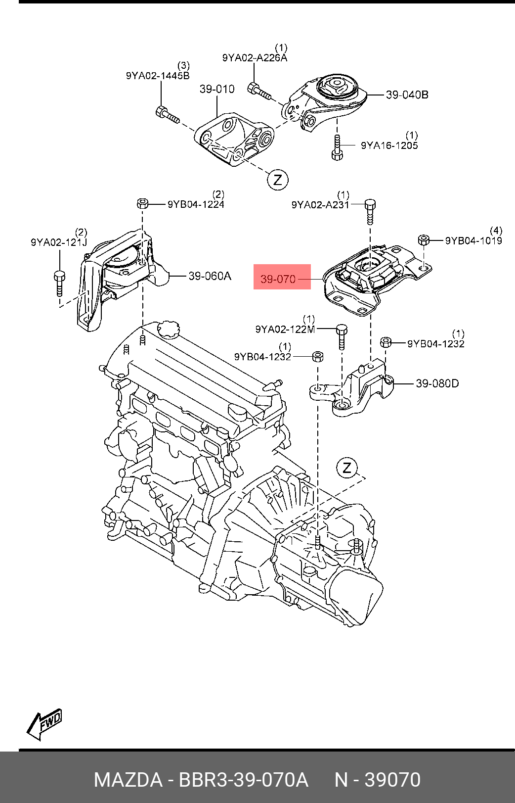 Подушка двигателя левая - Mazda BBR3-39-070A